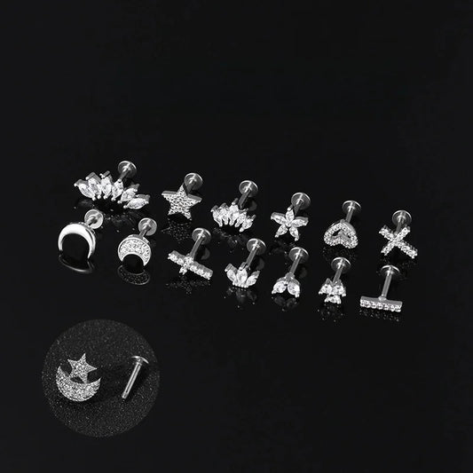 Classic Style Streetwear Geometric Moon Heart Shape Stainless Steel Copper Zircon Lip Stud Nose Studs In Bulk