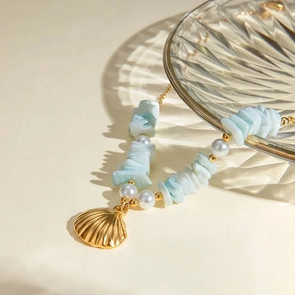 Vacation Marine Style Starfish Shell 304 Stainless Steel 18K Gold Plated Beaded Pendant Necklace