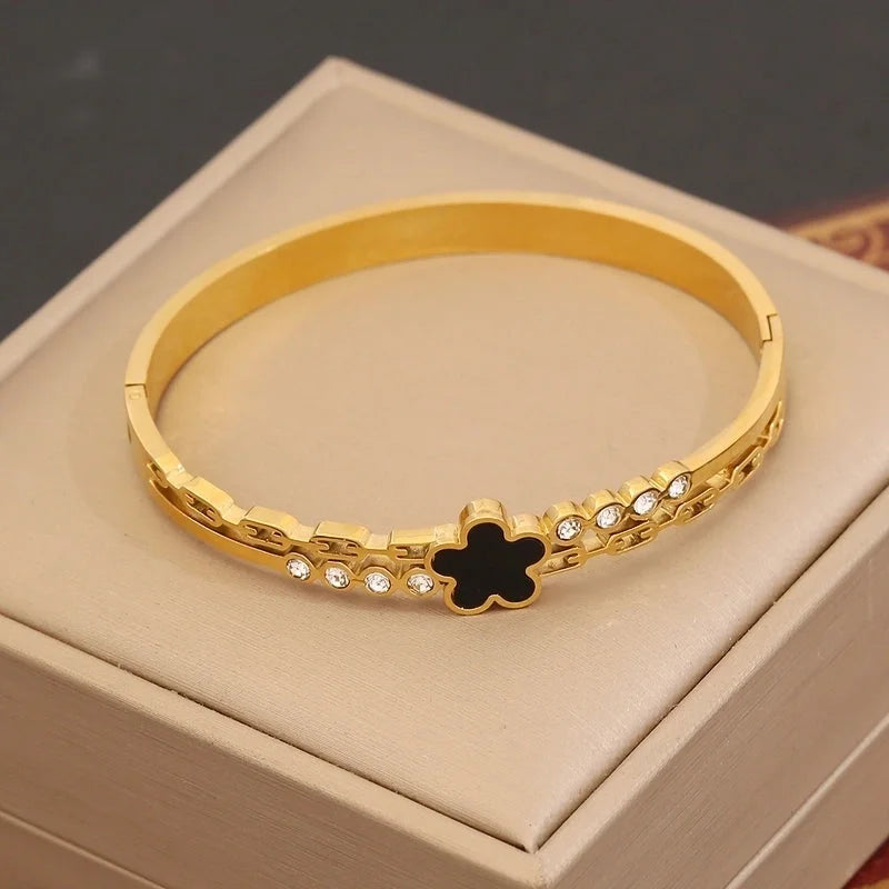 Minimalist Leaves Flower Bow Knot 304 Stainless Steel 18K Gold Plated Zircon Bangle In Bulk