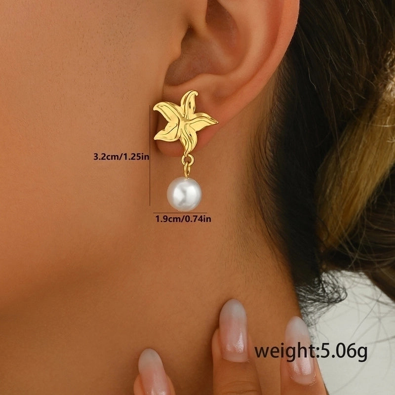 1 Pair Elegant Sweet Starfish Heart Shape Butterfly Inlay 201 Stainless Steel Pearl Stainless Steel Earrings