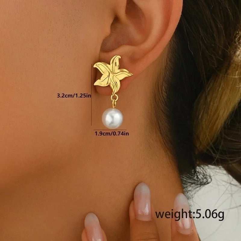1 Pair Elegant Sweet Starfish Heart Shape Butterfly Inlay 201 Stainless Steel Pearl Stainless Steel Earrings