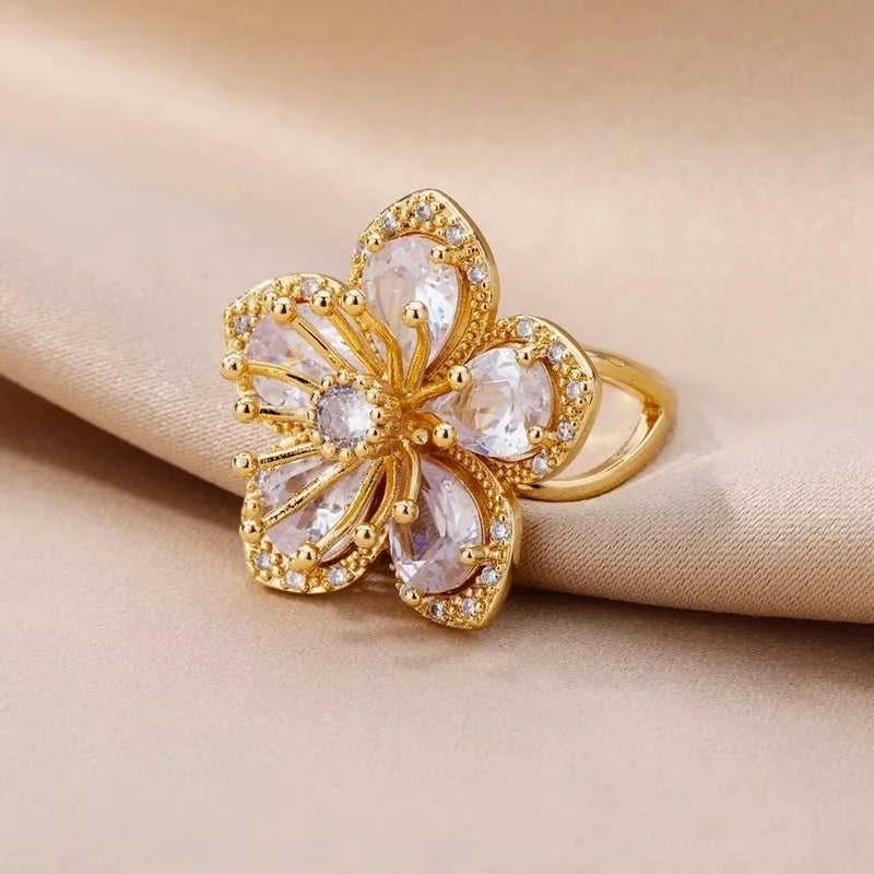 Copper 18K Gold Plated Flower Zirconia Open Rings Rings