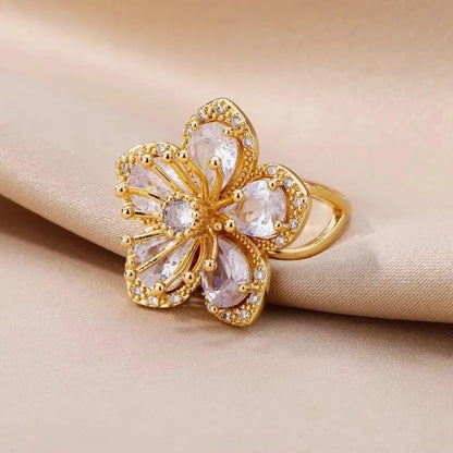 Copper 18K Gold Plated Flower Zirconia Open Rings Rings