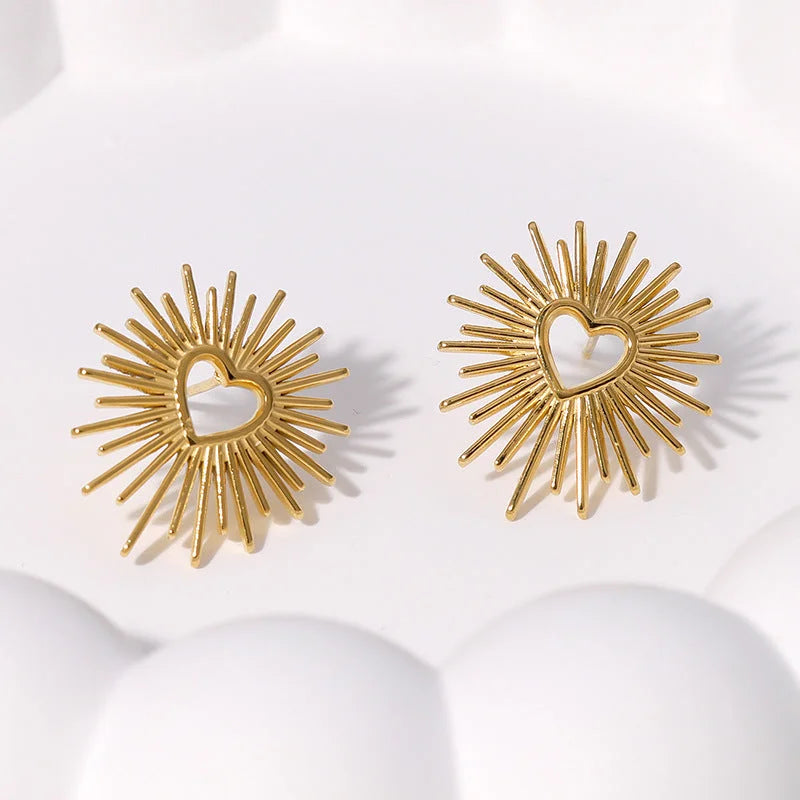 Stripe Heart Stainless Steel Electroplating Stud Earrings