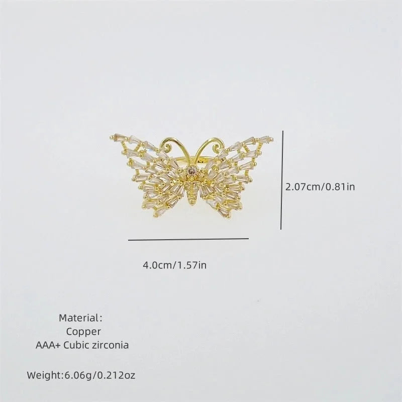 Copper 18K Gold Plated Inlay Butterfly Bow Knot Zircon Open Rings