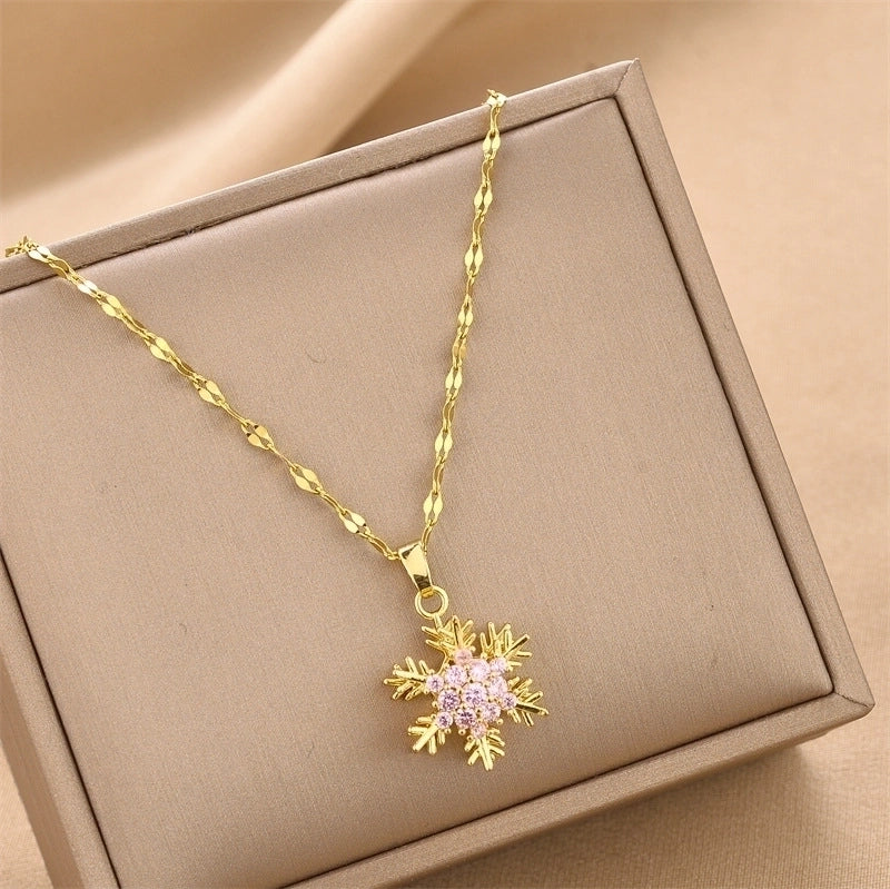 Elegant Snowflake Titanium Steel Inlay Zircon Pendant Necklace 1 Piece