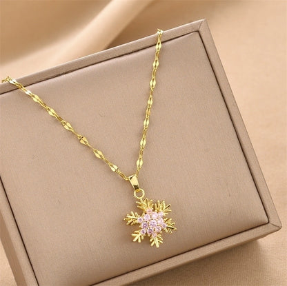Elegant Snowflake Titanium Steel Inlay Zircon Pendant Necklace 1 Piece