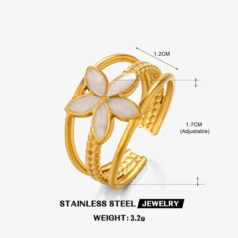 304 Stainless Steel 18K Gold Plated Minimalist Enamel Flower Open Rings