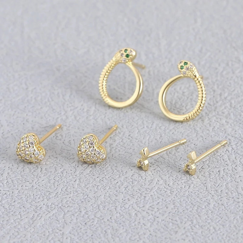 1 Pair Elegant Minimalist Geometric Double Heart Snake Hollow Out Inlay Copper Zircon 18K Gold Plated Ear Studs
