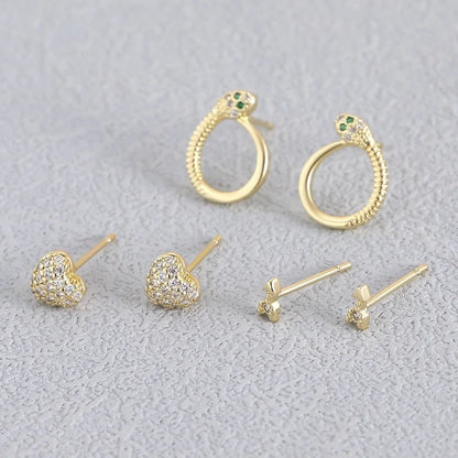 1 Pair Elegant Minimalist Geometric Double Heart Snake Hollow Out Inlay Copper Zircon 18K Gold Plated Ear Studs