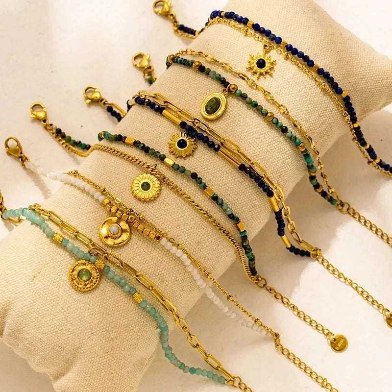 Bohemian Minimalist Commute Geometric 304 Stainless Steel 18K Gold Plated Natural Stone Zircon Bracelets In Bulk