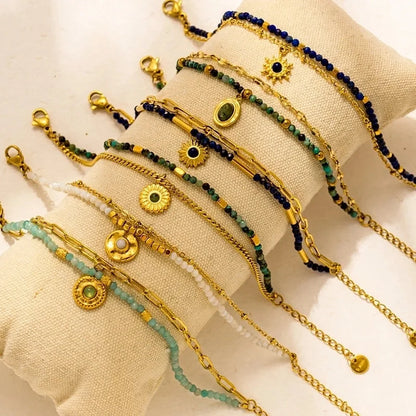 Bohemian Minimalist Commute Geometric 304 Stainless Steel 18K Gold Plated Natural Stone Zircon Bracelets In Bulk