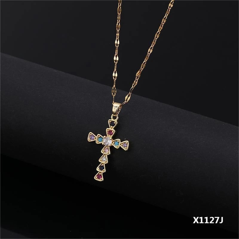 Copper Inlay Cross Zircon Pendant Necklace