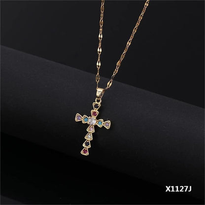 Copper Inlay Cross Zircon Pendant Necklace