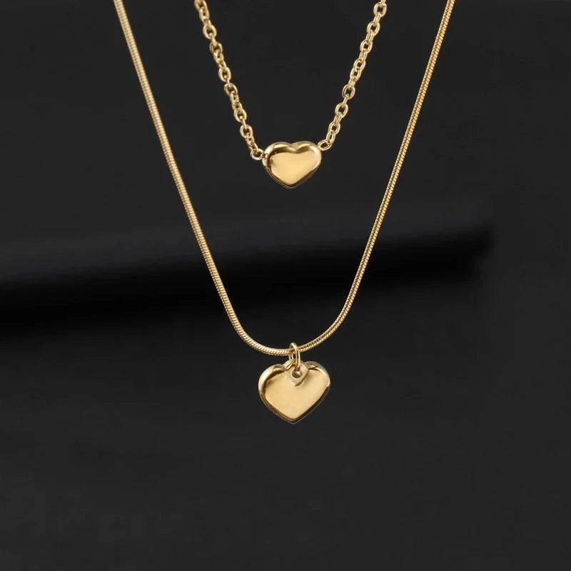 Minimalist Heart Shape Titanium Steel Inlaid Gold Women's Layered Necklaces