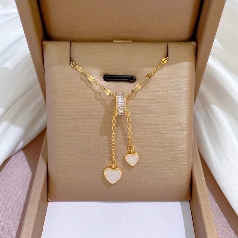 Fashion Heart Shape Titanium Steel Copper Artificial Diamond Plating Inlay Pendant Necklace