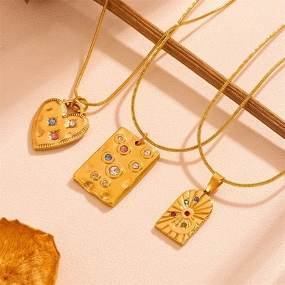 Elegant Minimalist Streetwear Heart Shape Rectangle Titanium Steel 18K Gold Plated Pendant Necklace