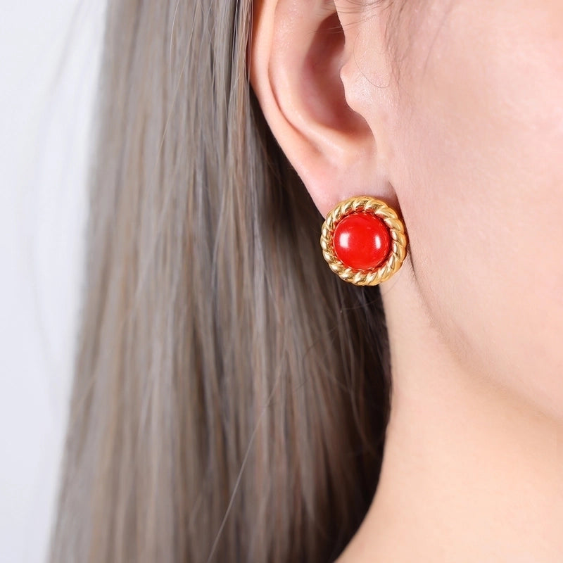 Retro French Style Solid Color Titanium Steel Natural Stone Turquoise 18K Gold Plated Plating Inlay Earrings Necklace Jewelry Set