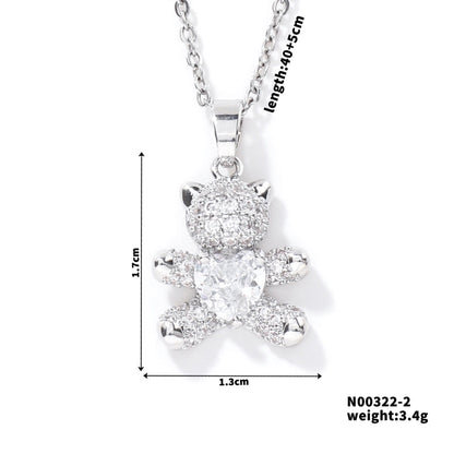 304 Stainless Steel Copper Rhodium Plated Inlay Bear Heart Shape Glass Zircon Pendant Necklace