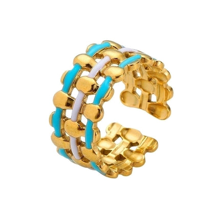 Minimalist Love Heart Shape Eye 304 Stainless Steel Rhinestones 18K Gold Plated Enamel Plating Inlay Open Rings