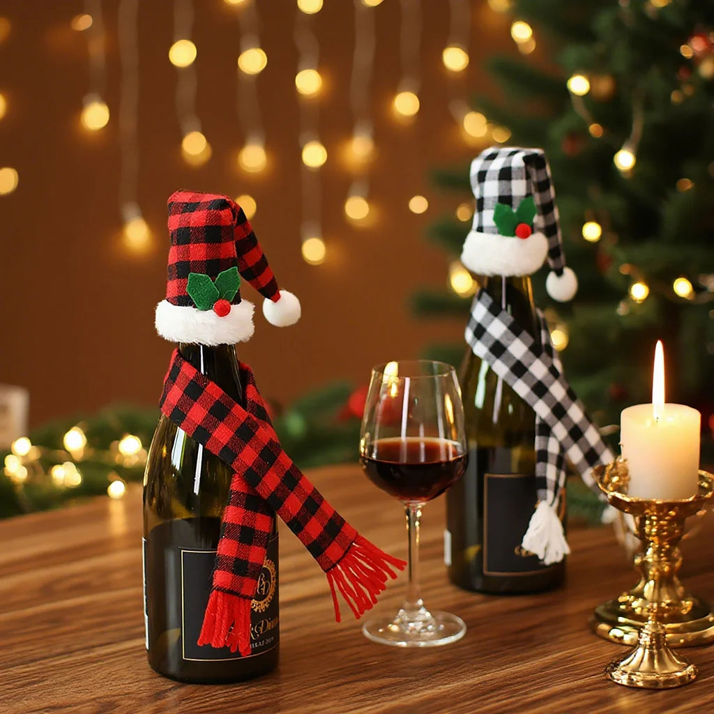 2 Sets Christmas Decoration Home Kitchen Tabletop Decoration Props Plaid Cloth Set Red Wine Bottle Cover Wine Bottle Bag