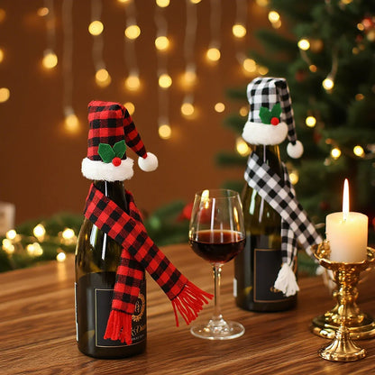 2 Sets Christmas Decoration Home Kitchen Tabletop Decoration Props Plaid Cloth Set Red Wine Bottle Cover Wine Bottle Bag