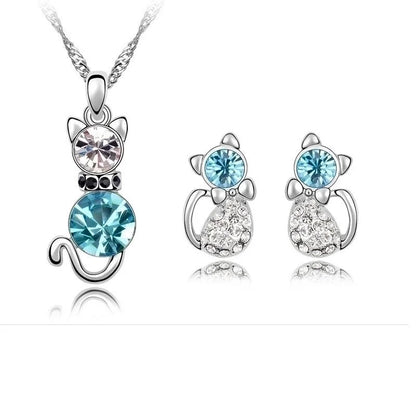 Simple Cat Alloy Crystal Ear Stud Necklace Set