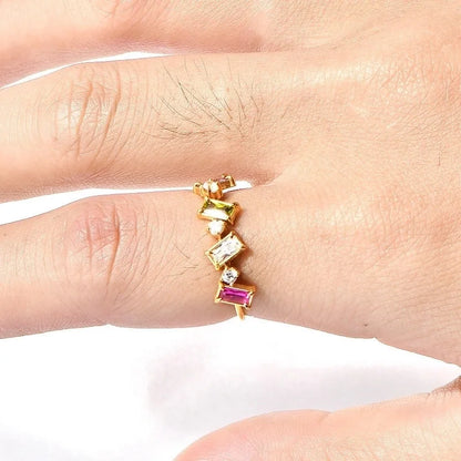 Elegant Geometric Solid Color 304 Stainless Steel Rhinestones 18K Gold Plated Inlay Rings