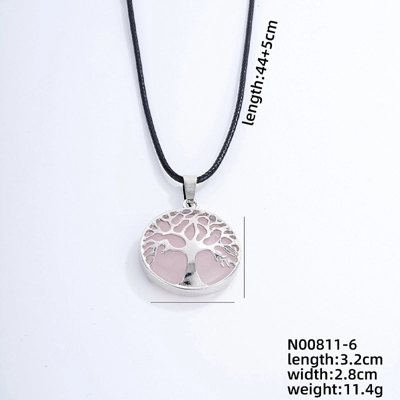 Ig Style Minimalist Round Tree Stainless Steel Natural Stone Leather Rope Inlay Natural Stone Pendant Necklace