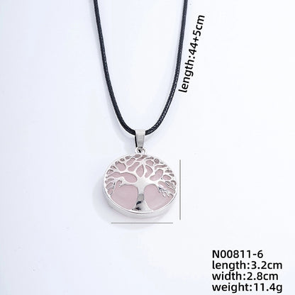 Ig Style Minimalist Round Tree Stainless Steel Natural Stone Leather Rope Inlay Natural Stone Pendant Necklace