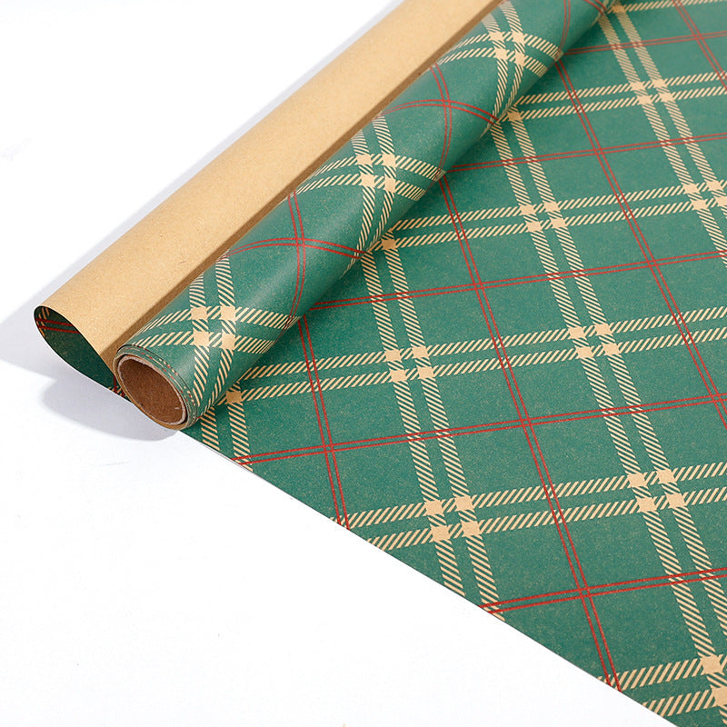 Large Size Gift Wrapping Paper Roll Brown Christmas Reindeer Head Elk Green Plaid Gift Box Recyclable Gift Paper