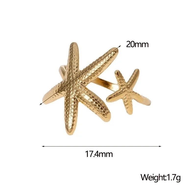 IG Style Vacation Beach Animal Starfish 304 Stainless Steel 18K Gold Plated Open Rings