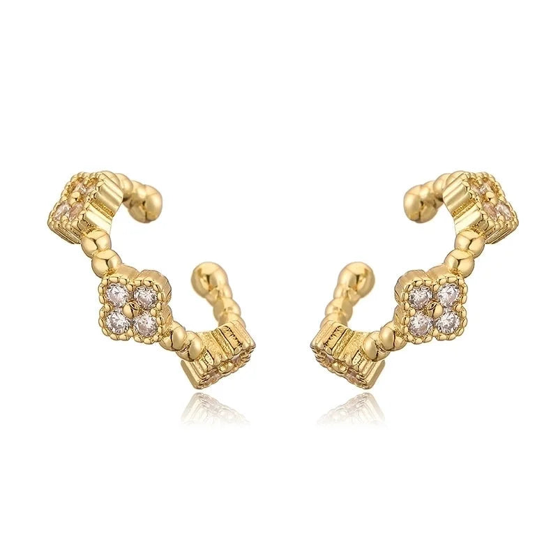 Temperament Entry Lux Copper Inlaid Color Diamond Clover Opening Ear Clip Niche High Sense Flower Petals Ear Rings Direct Sales