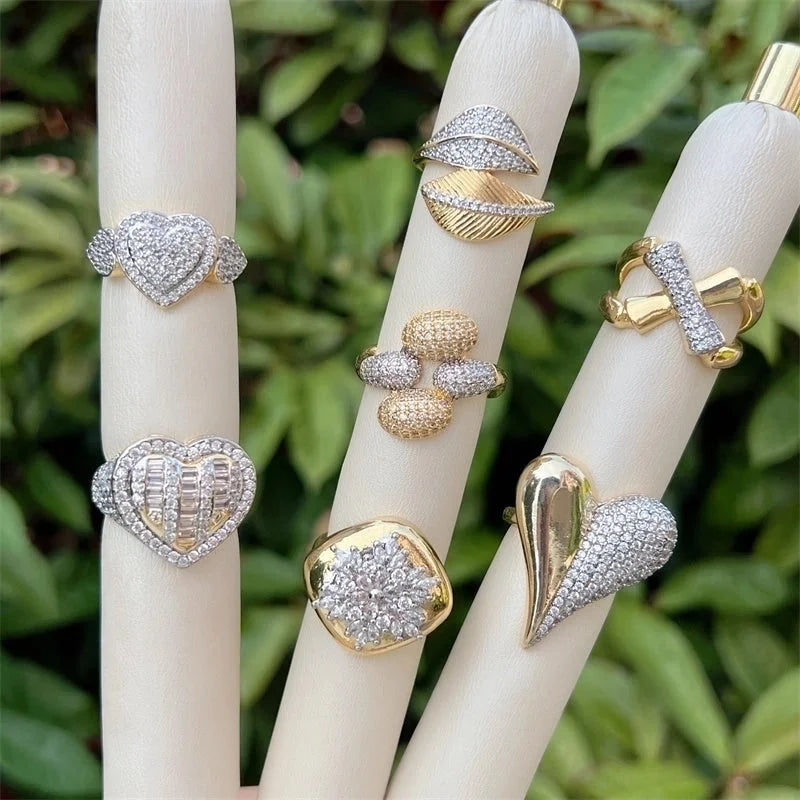 Copper 18K Gold Plated Inlay Heart Shape Zircon Open Rings