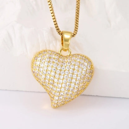Hip-Hop Minimalist Shiny Heart Shape 304 Stainless Steel Copper Zircon 18K Gold Plated Inlay Pendant Necklace