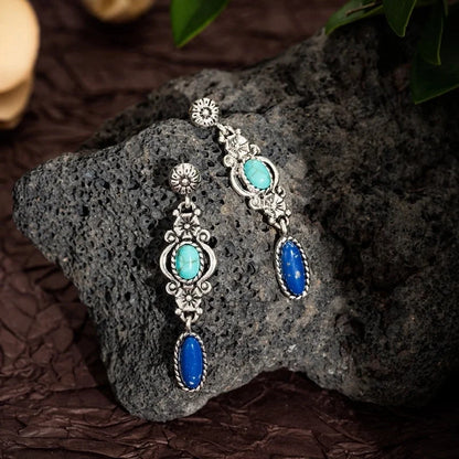 Hot Artistic Retro Geometric Lapis Lazor Ear Drop Bohemian Natural Stone Antique Women\'s Earrings