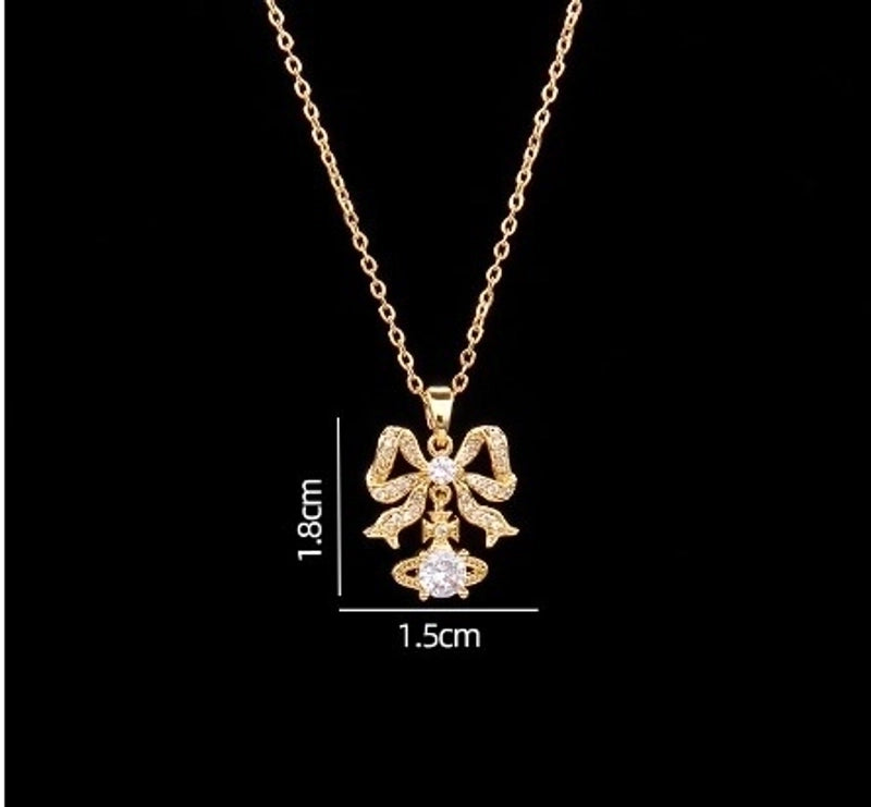 Sweet Planet Flower Bow Knot Copper Zircon Pendant Necklace In Bulk
