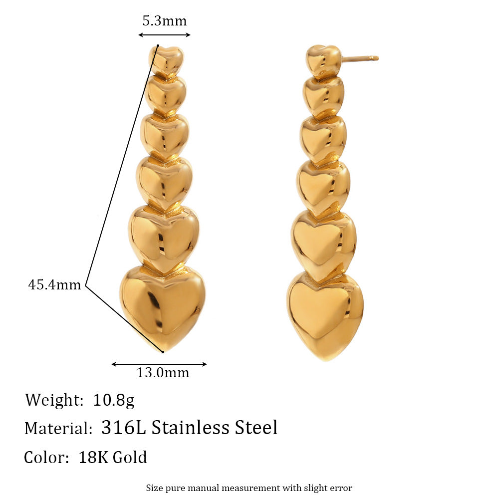 Fashion Heart Double Circle Droplet Geometric Stainless Steel 18K Gold Plated Earrings