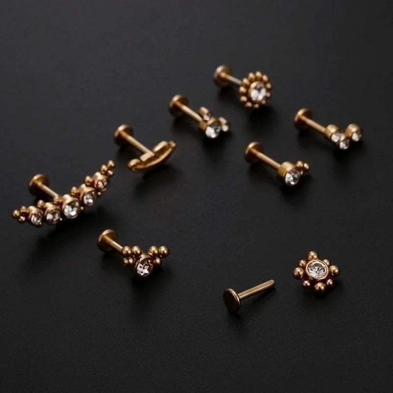 Fashion Leaf Round Stainless Steel Inlaid Zircon Eyebrow Nails Ear Studs 1 Piece