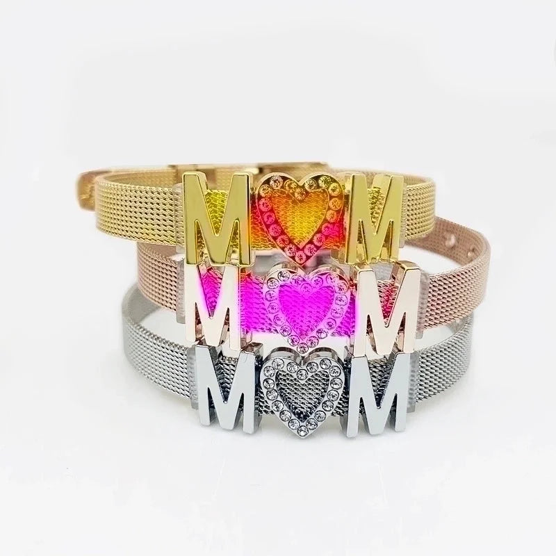 Mama Letter Stainless Steel Inlay Rhinestones Bracelets