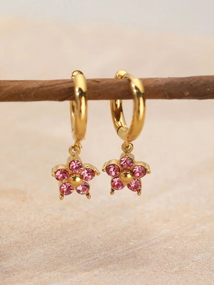 1 Pair Elegant Flower Plating Inlay 304 Stainless Steel Rhinestones 18K Gold Plated Drop Earrings