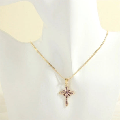 Minimalist Cross Copper 18k Gold Plated Zircon Pendant Necklace In Bulk