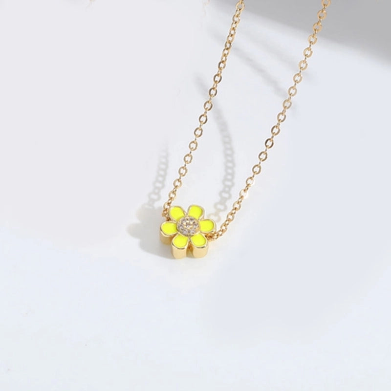 Copper 14K Gold Plated Enamel Flower Zircon Pendant Necklace
