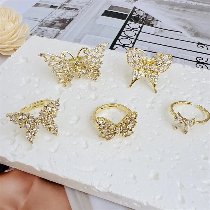 Copper 18K Gold Plated Inlay Butterfly Bow Knot Zircon Open Rings