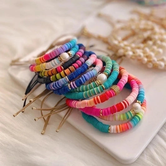 Vacation Colorful Freshwater Pearl Soft Clay Beaded Knitting Plating Bracelets