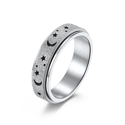 Fashion Frosted Hollow Star Moon Spinning Women's Stainless Steel Ring