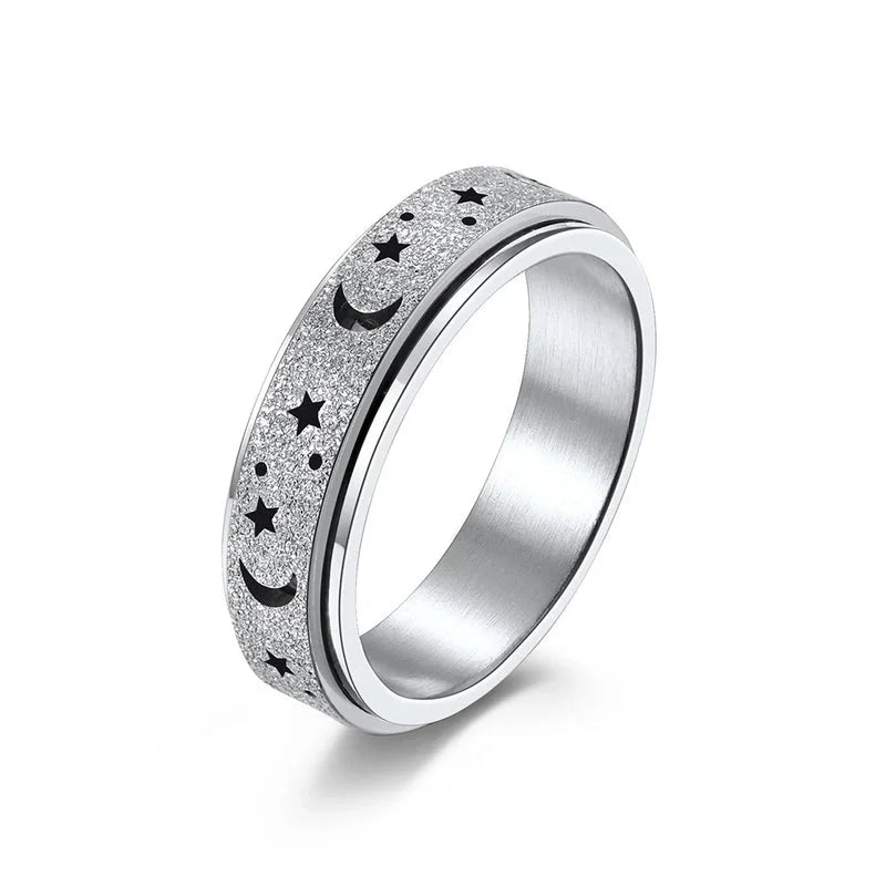 Fashion Frosted Hollow Star Moon Spinning Women's Stainless Steel Ring