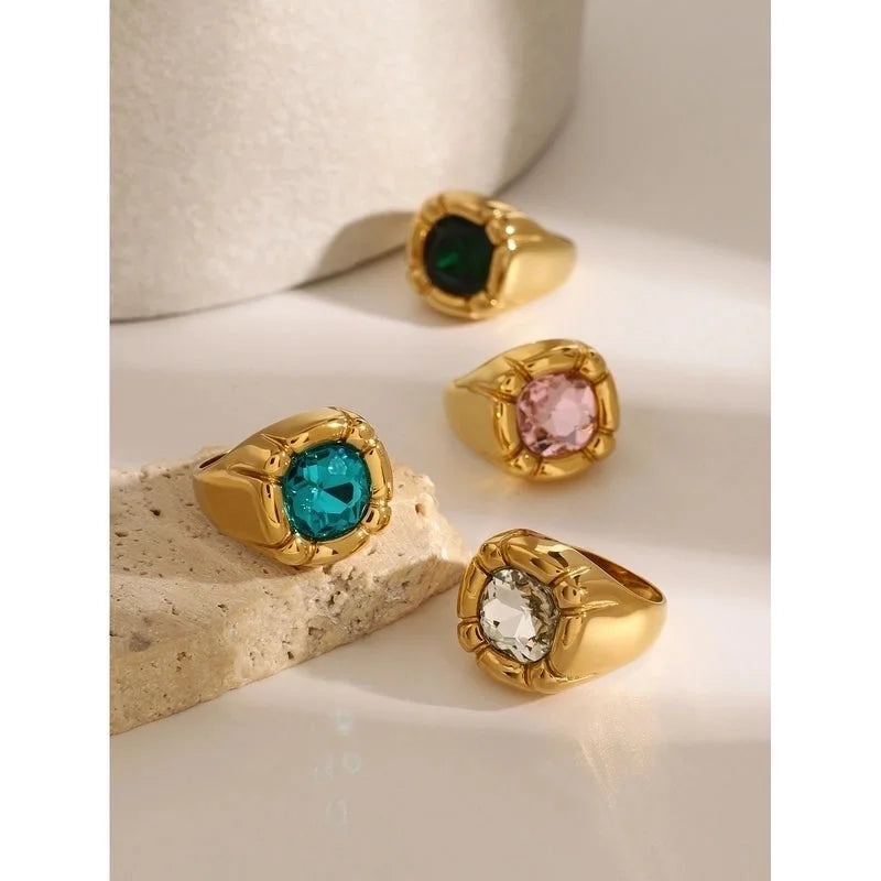 Formal Classic Style Artistic Geometric 304 Stainless Steel Glass Inlay Rings