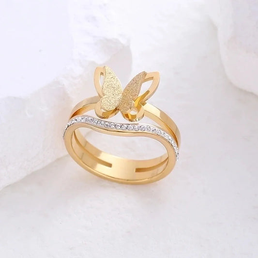 304 Stainless Steel 18K Gold Plated Rose Gold Plated Minimalist Plating Inlay Butterfly Artificial Rhinestones Rings