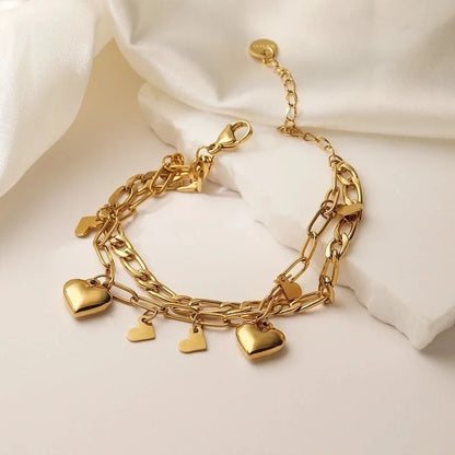 Retro Minimalist Commute Heart Shape 304 Stainless Steel 18K Gold Plated Paperclip Chain Multi Charms Bracelet In Bulk